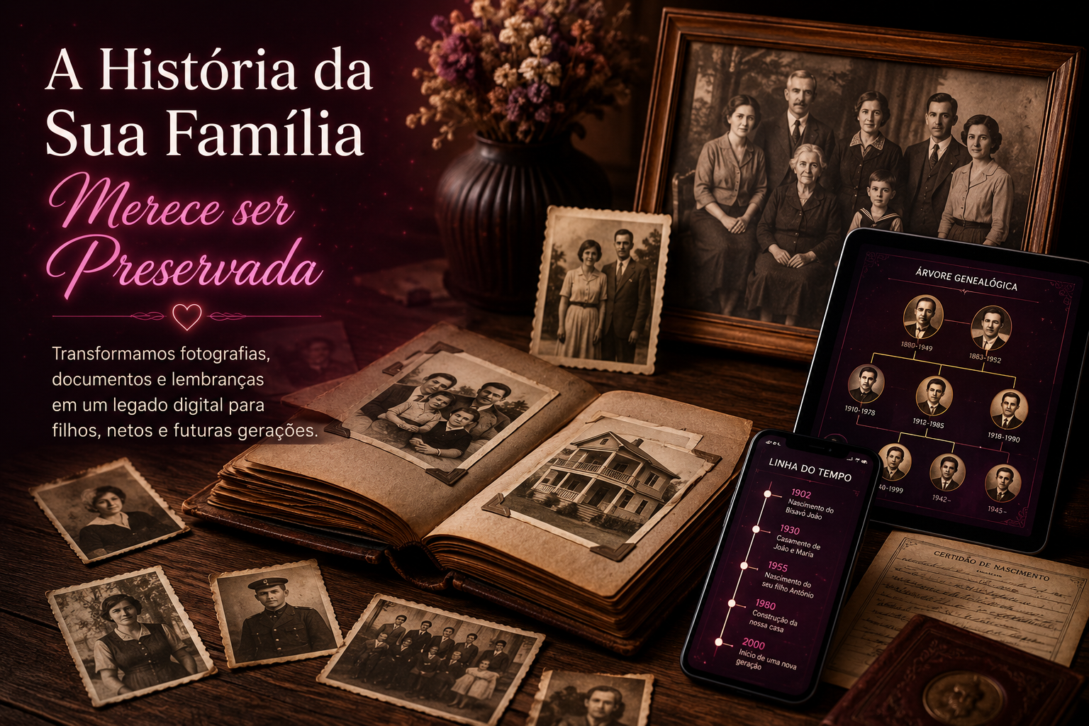 Álbum de fotografias antigas representando a preservação da história da família